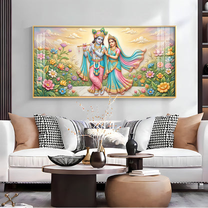 Krishna Playing The Flute Beside Radha Premium Acrylic Horizontal Wall Art