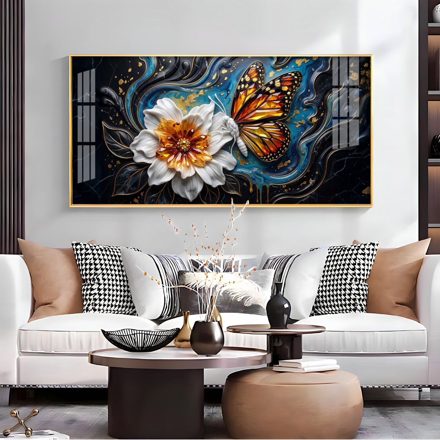 Butterfly Blossom With White Flower Premium Acrylic Horizontal Wall Art