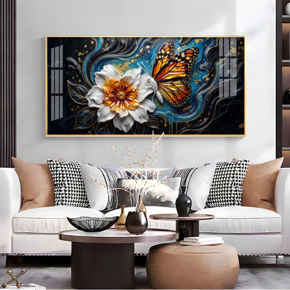 Butterfly Blossom With White Flower Premium Acrylic Horizontal Wall Art