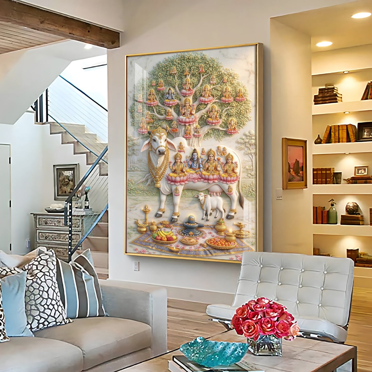 Om Namho Shri Kamdhenu Cow Premium Acrylic Vertical Wall Art