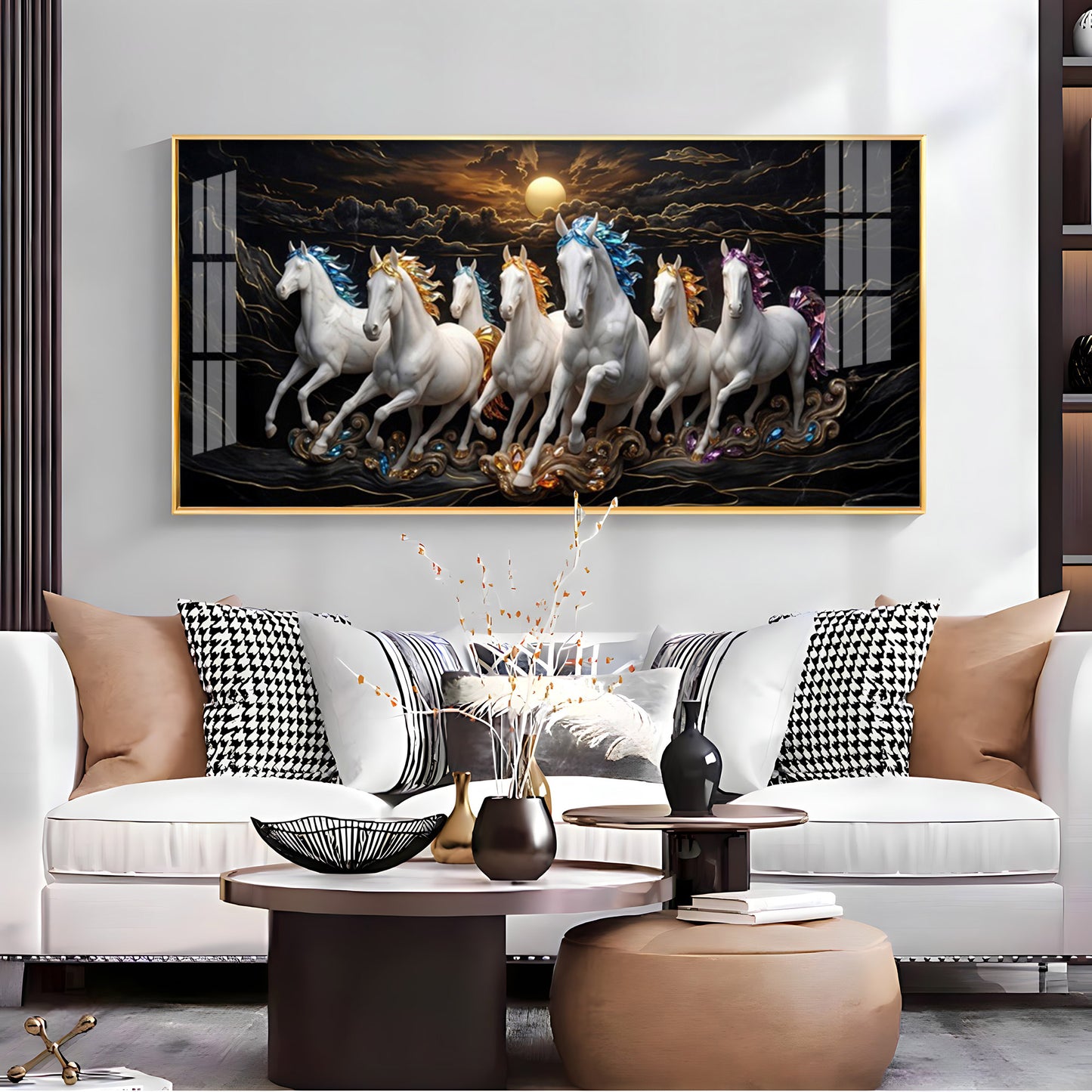 White Seven Running Vastu Lucky Horses Premium Acrylic Horizontal Wall Art