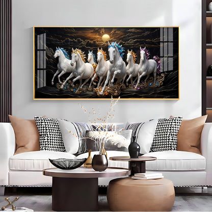 White Seven Running Vastu Lucky Horses Premium Acrylic Horizontal Wall Art