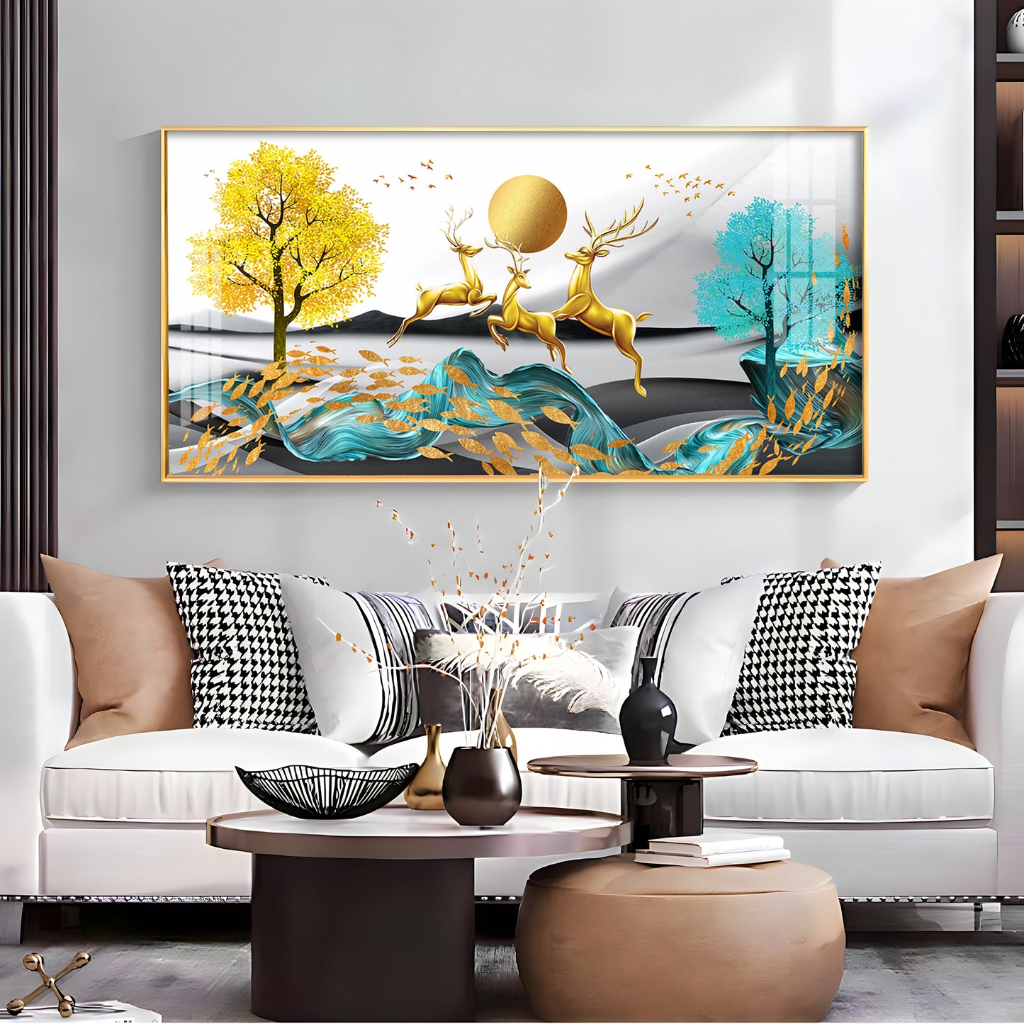 Golden Deer Themed Premium Acrylic Horizontal Wall Art