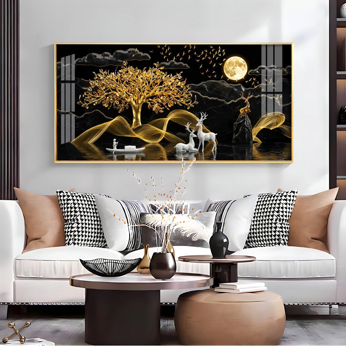 White Deer With Golden Tree Premium Acrylic Horizontal Wall Art