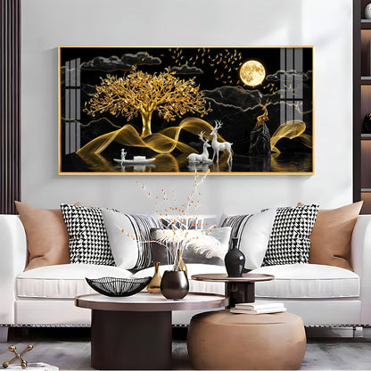 White Deer With Golden Tree Premium Acrylic Horizontal Wall Art