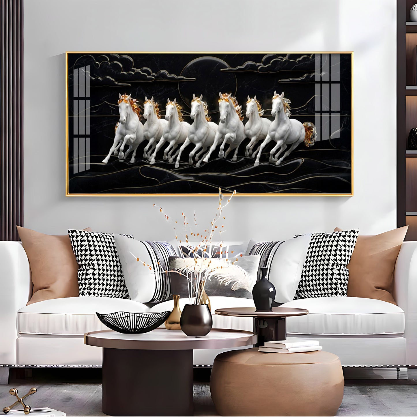 White Seven Horses in the Dark Premium Acrylic Horizontal Wall Art