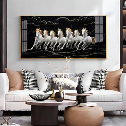 White Seven Horses in the Dark Premium Acrylic Horizontal Wall Art