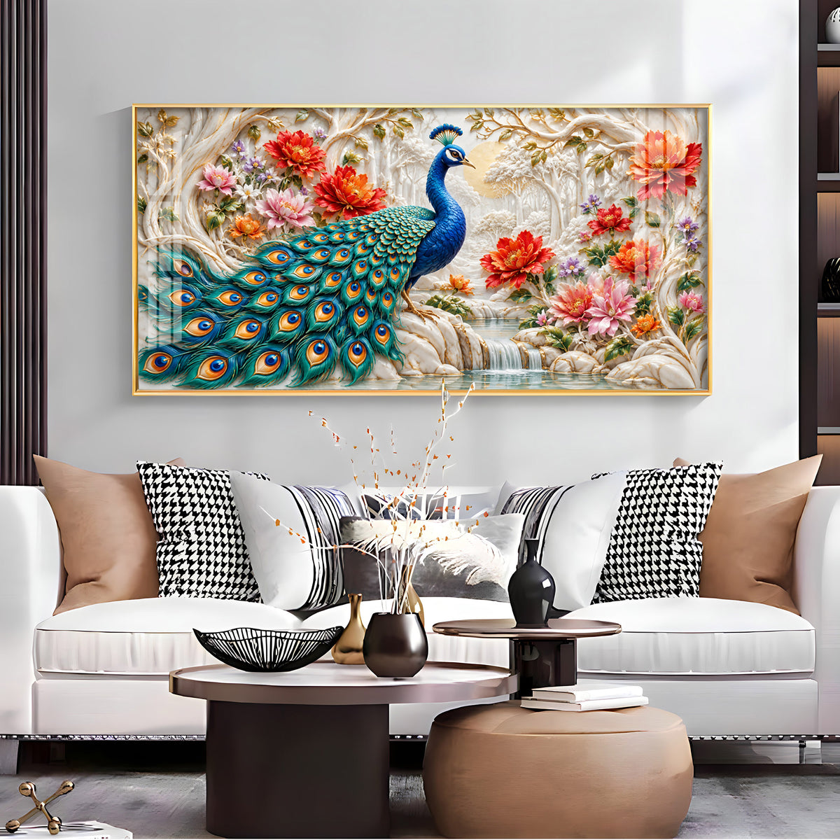 Vibrant Peacock With Floral Premium Acrylic Horizontal Wall Art
