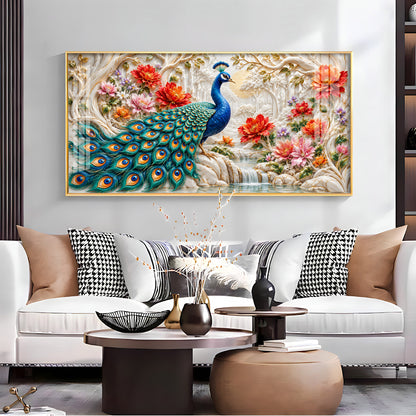 Vibrant Peacock With Floral Premium Acrylic Horizontal Wall Art