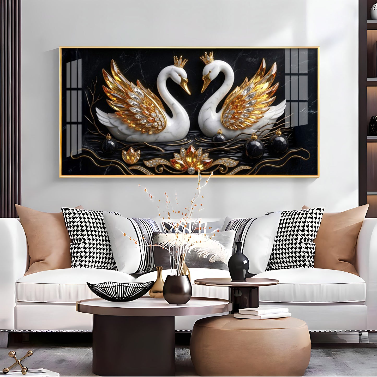 Golden Elegance Swans Premium Acrylic Horizontal  Wall Art