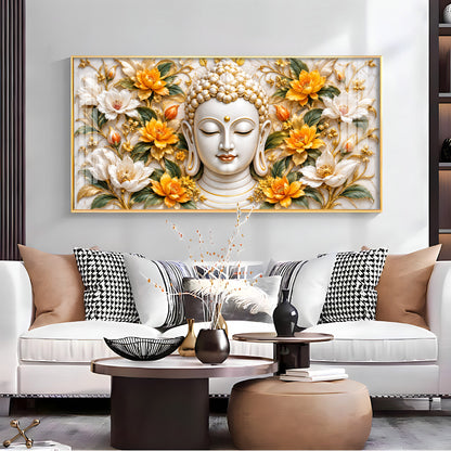 Buddha With Golden White Blossom Premium Acrylic Horizontal Wall Art