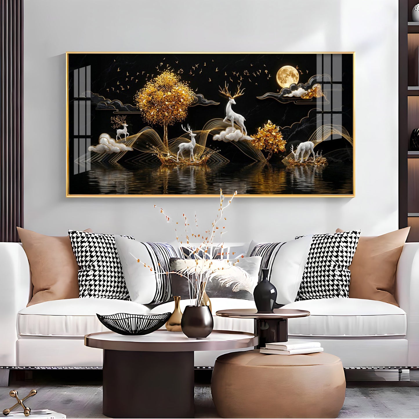 Moonlit Golden Deer Night Theam Premium Acrylic Horizontal Wall Art