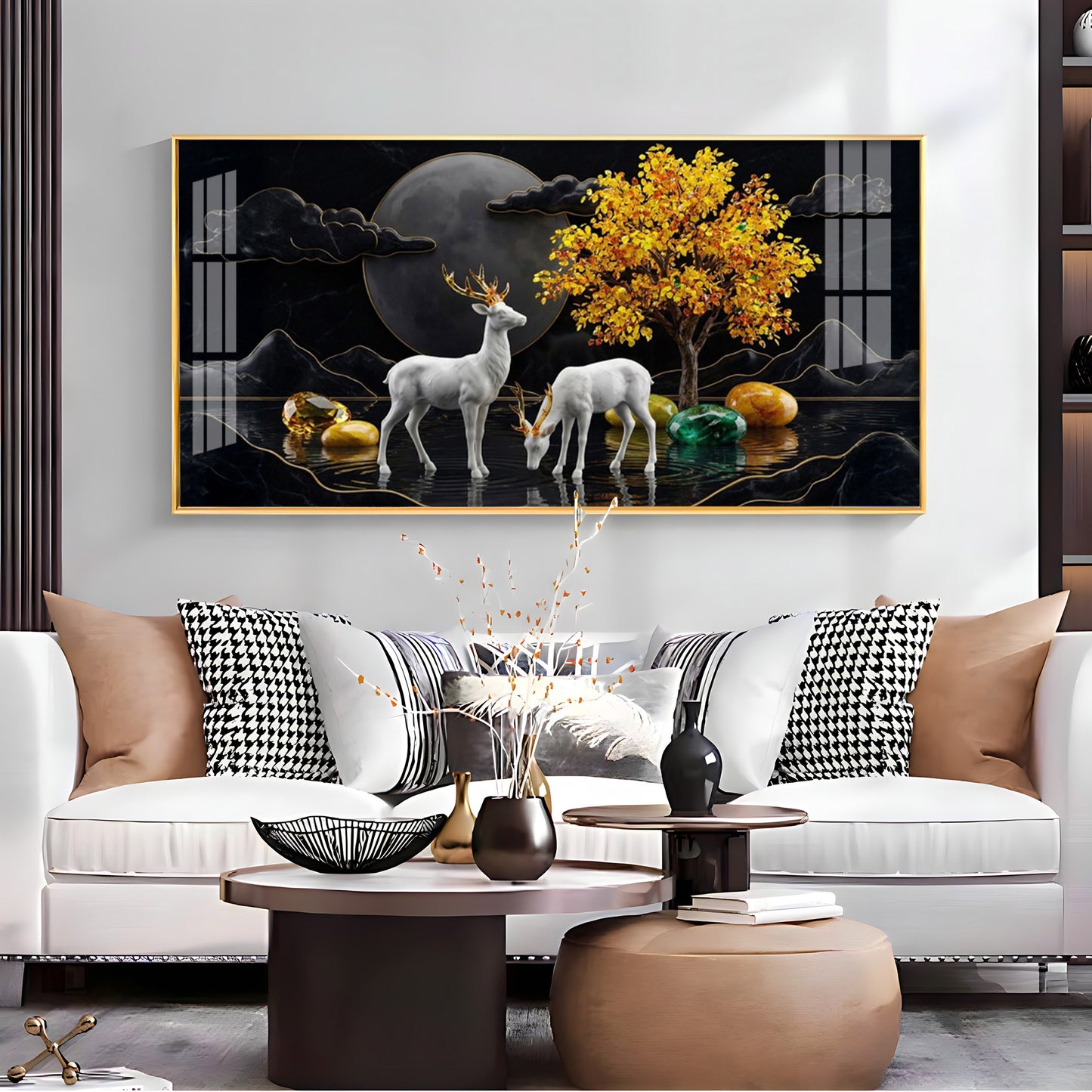 White Deer With Golden Horns Premium Acrylic Horizontal Wall Art