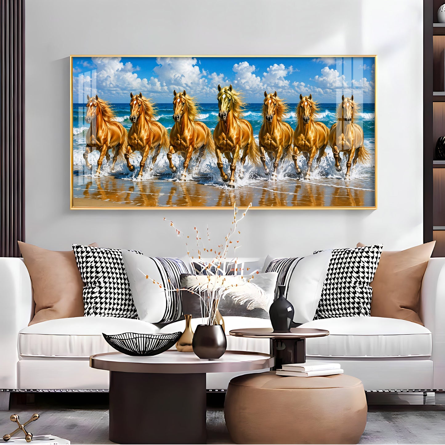 Seven Golden Horses In Ocean Premium Acrylic Horizontal Wall Art