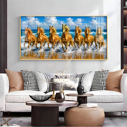 Seven Golden Horses In Ocean Premium Acrylic Horizontal Wall Art