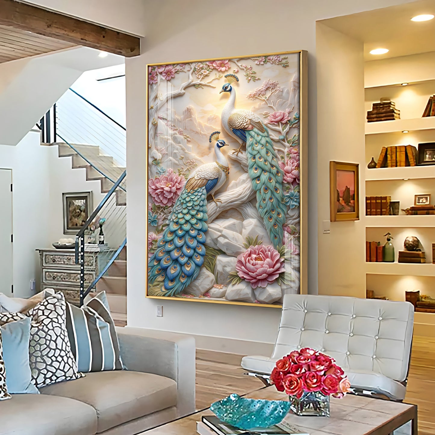 Stylist Peacock and Floral Design Premium Acrylic Vertical Wall Art