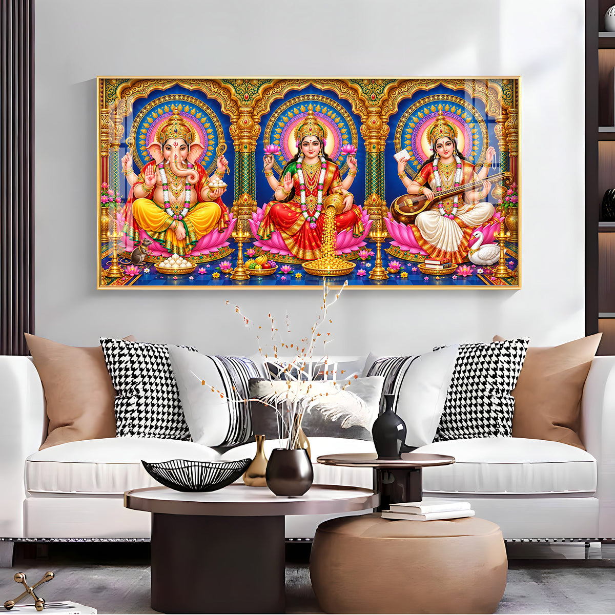 Divine Lord Ganesha, Goddess Saraswati & Goddess Lakshmi Premium Acrylic Horizontal Wall Art