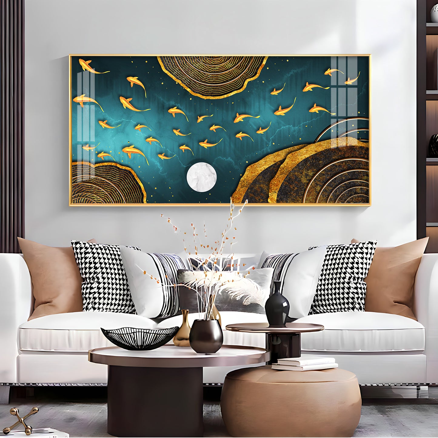 Features Golden Koi Fish Premium Acrylic Horizontal Wall Art