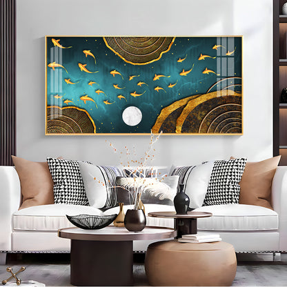 Features Golden Koi Fish Premium Acrylic Horizontal Wall Art
