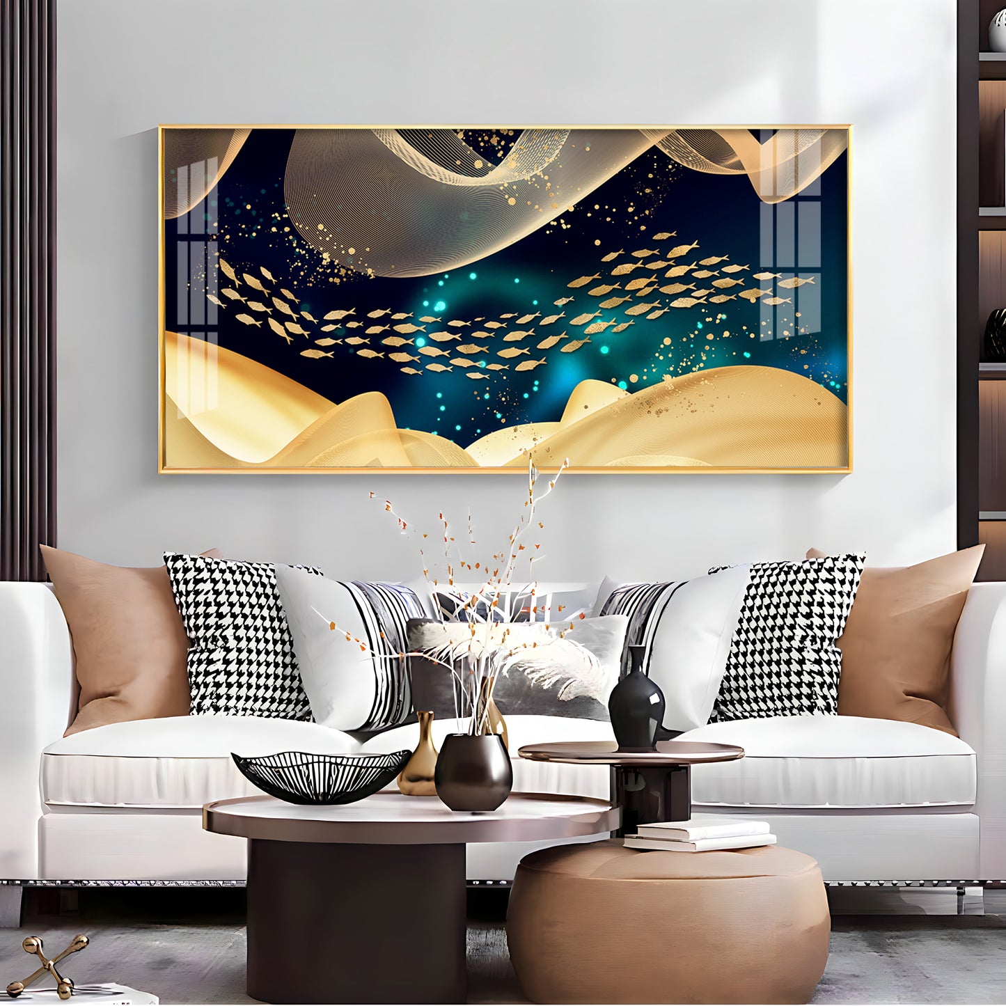 Golden Fish In Dark Blue Underwater Premium Acrylic Horizontal Wall Art