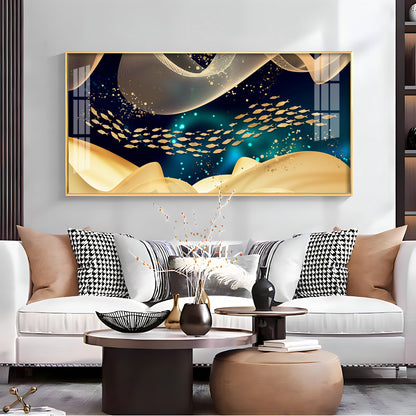Golden Fish In Dark Blue Underwater Premium Acrylic Horizontal Wall Art