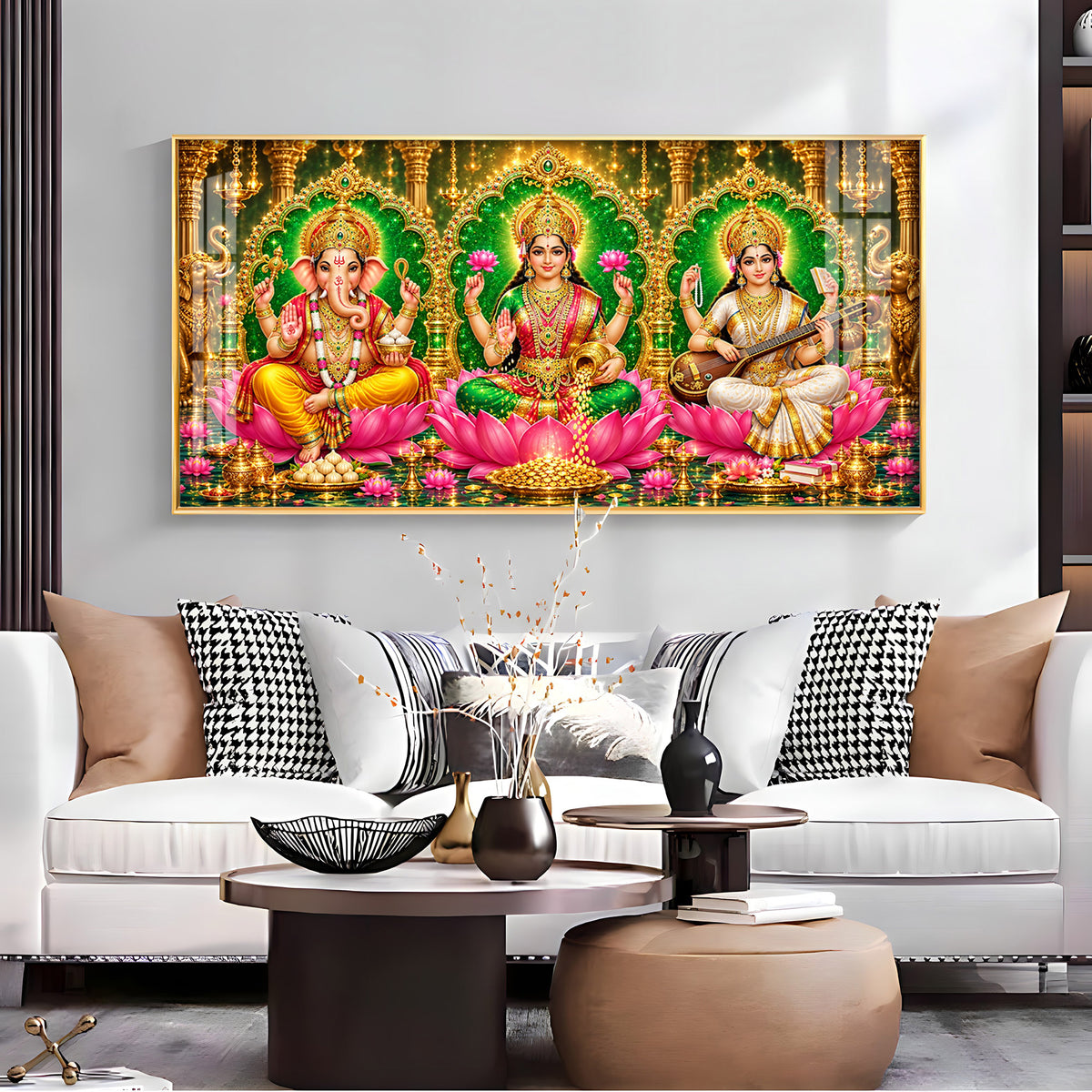 Maa Lakshmi, Ganesha Ji & Saraswati Premium Acrylic Horizontal Wall Art