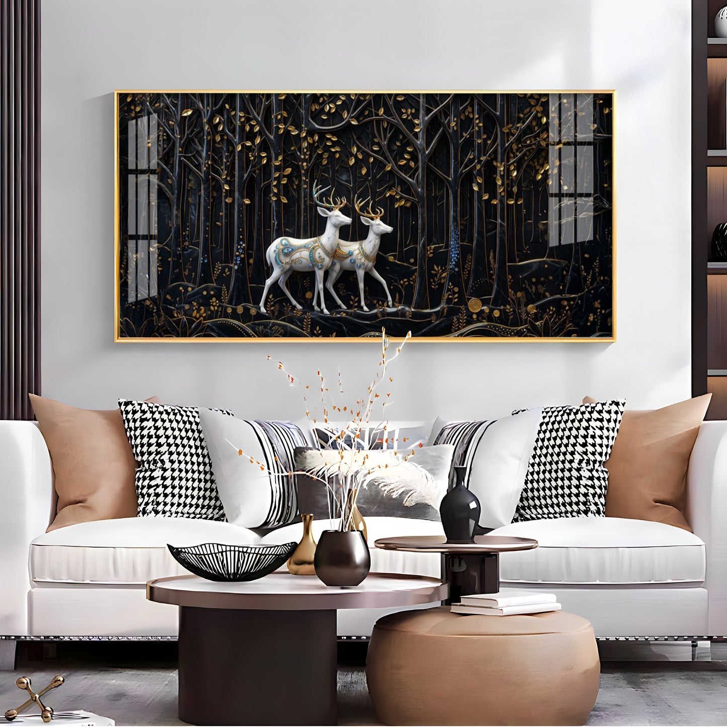 Two White Deer In A Black Forest Premium Acrylic Horizontal Wall Art