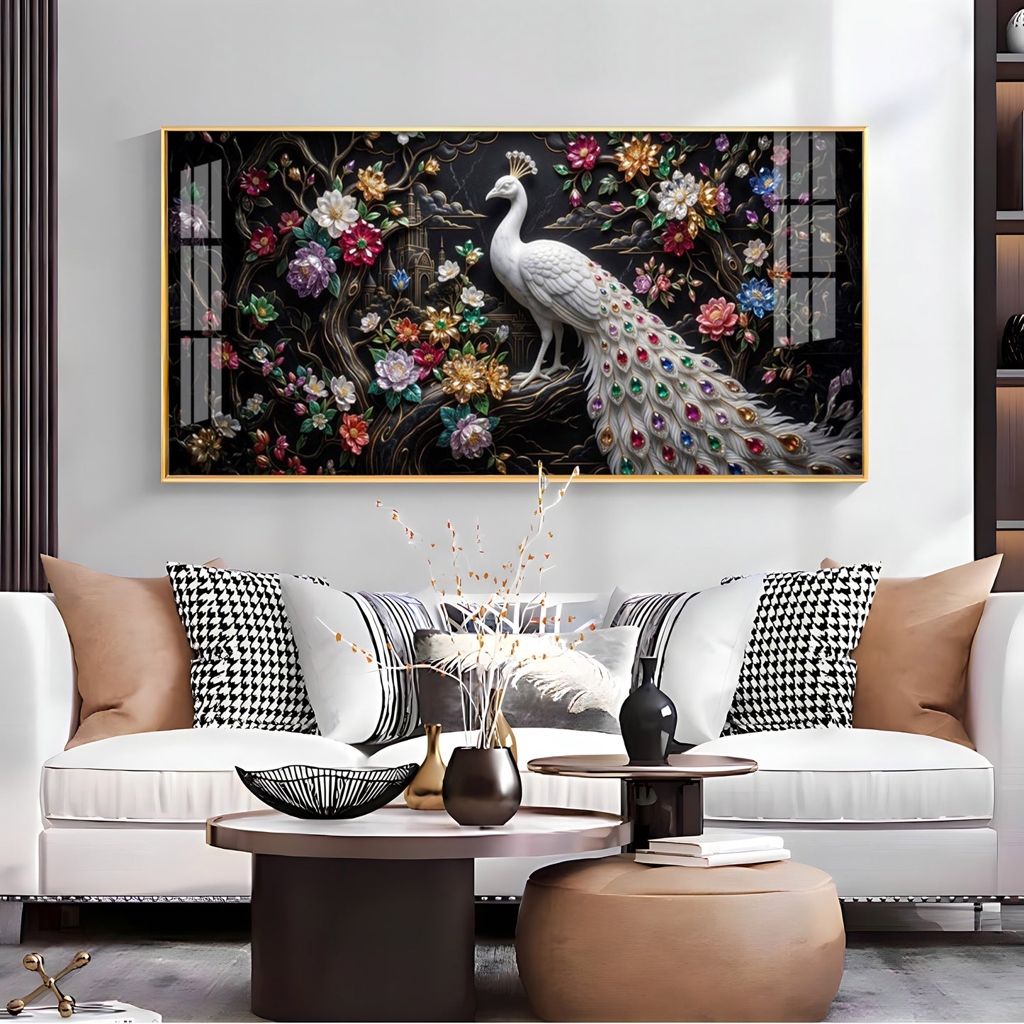 Peacock Embellishments & Black Background Premium Acrylic Horizontal Wall Art