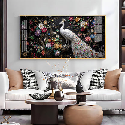 Peacock Embellishments & Black Background Premium Acrylic Horizontal Wall Art