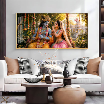 Krishna With Radha Seated Together Premium Acrylic Horizontal Wall Art
