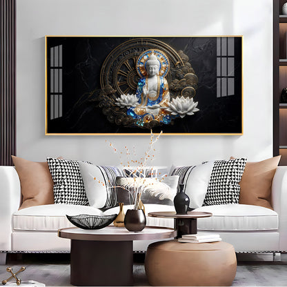 White & Gold Buddha With Flowers Premium Acrylic Horizontal Wall Art