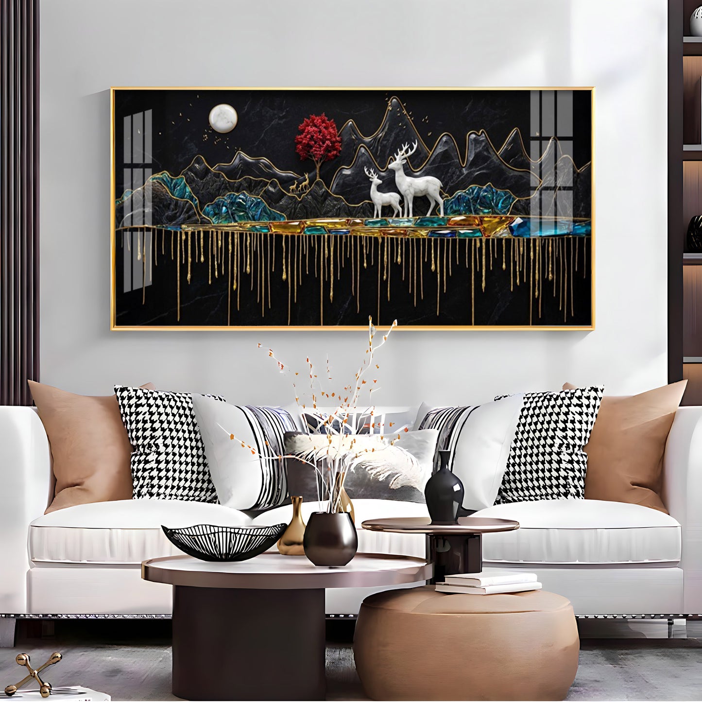 Nature's Gold With Deer in the Mountains Premium Acrylic Horizontal Wall Art