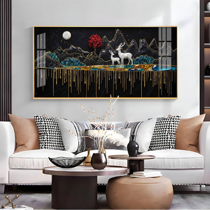 Nature's Gold With Deer in the Mountains Premium Acrylic Horizontal Wall Art