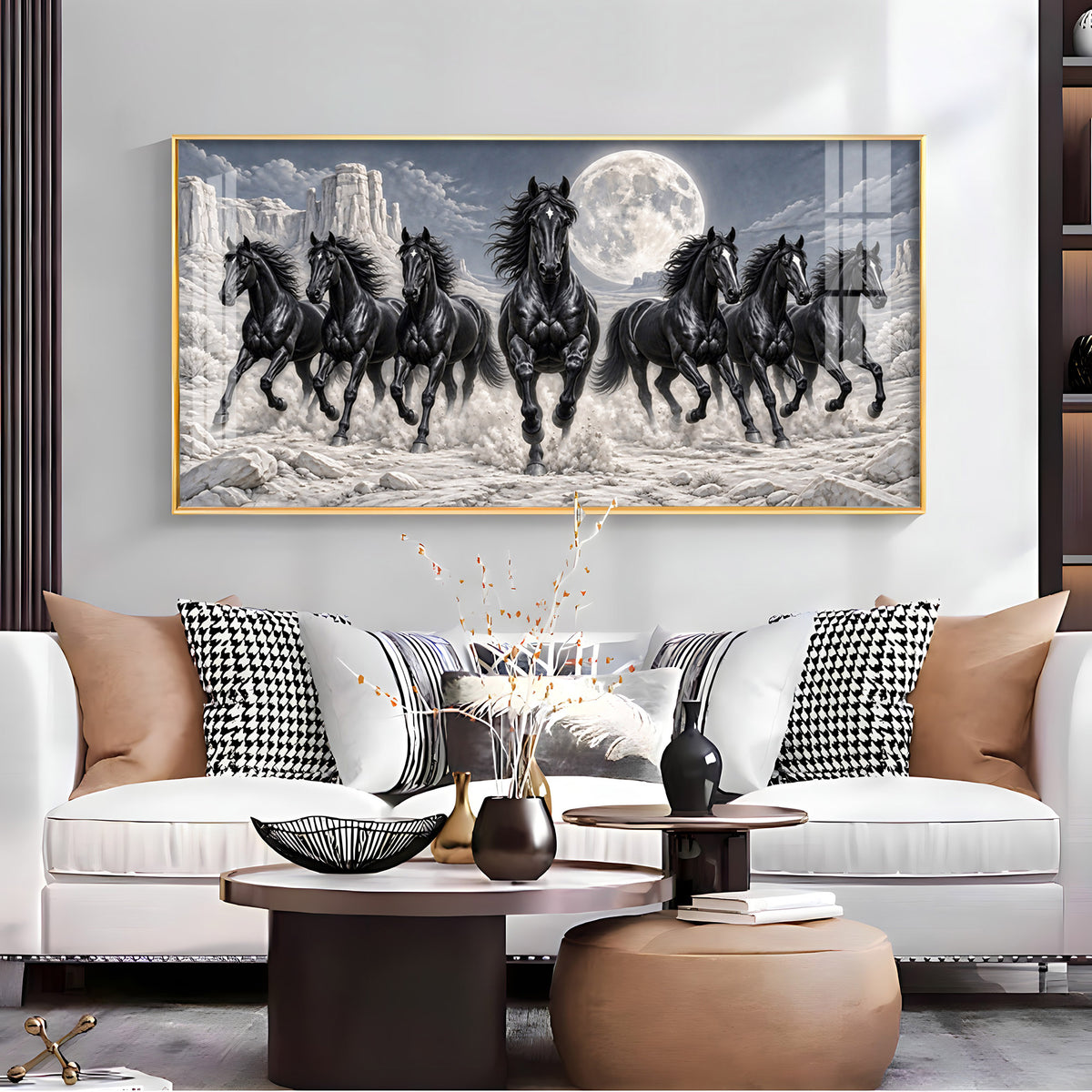 Seven Running Black Horses Premium Acrylic Horizontal Wall Art