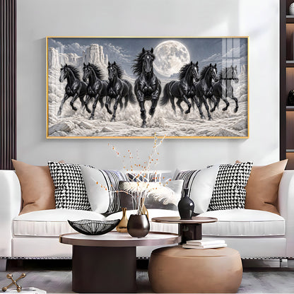 Seven Running Black Horses Premium Acrylic Horizontal Wall Art
