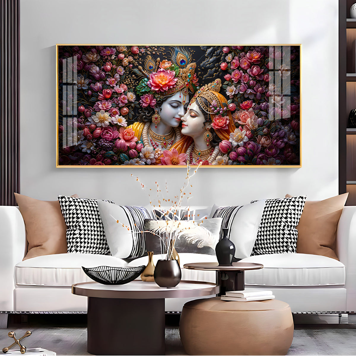 Floral Radha Krishna With Beautiful Background Premium Acrylic Horizontal Wall Art
