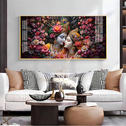 Floral Radha Krishna With Beautiful Background Premium Acrylic Horizontal Wall Art
