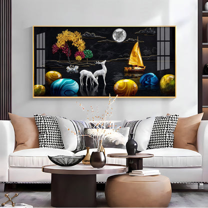 Rustic Serenity With Deer on the Lake Premium Acrylic Horizontal Wall Art