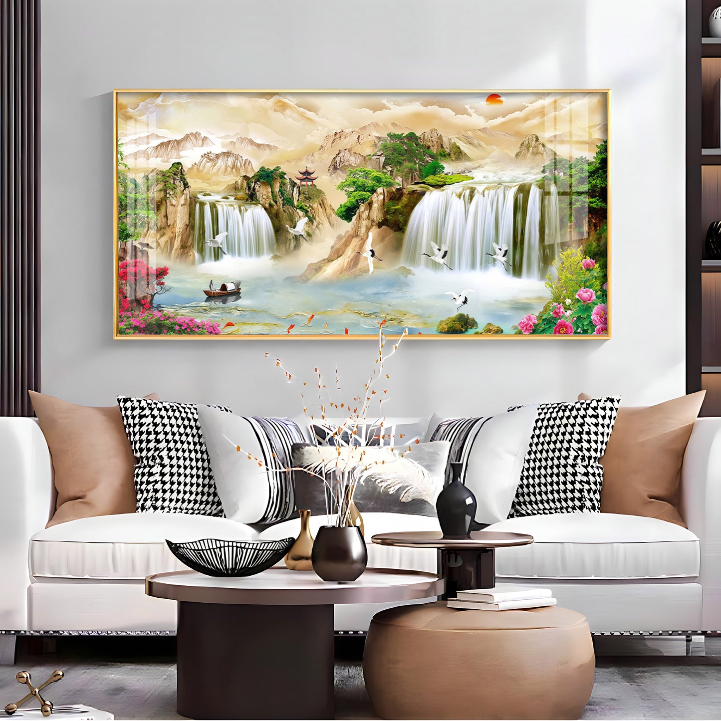 Serene Landscape With Cranes & Flowers Premium Acrylic Horizontal Wall Art