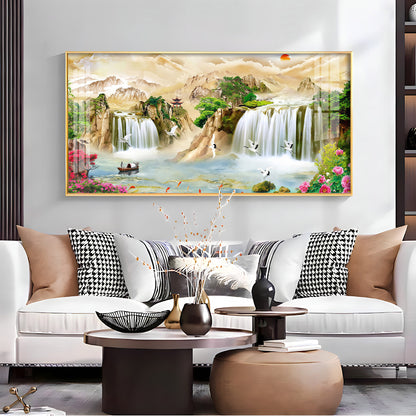 Serene Landscape With Cranes & Flowers Premium Acrylic Horizontal Wall Art