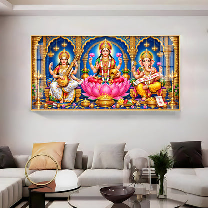 Maa Lakshmi, Saraswati & Ganesha Premium Acrylic Horizontal Wall Art