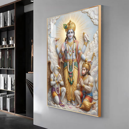 Lord Vishnu With Garuda And Hanuman Ji Premium Acrylic Vertical Wall Art