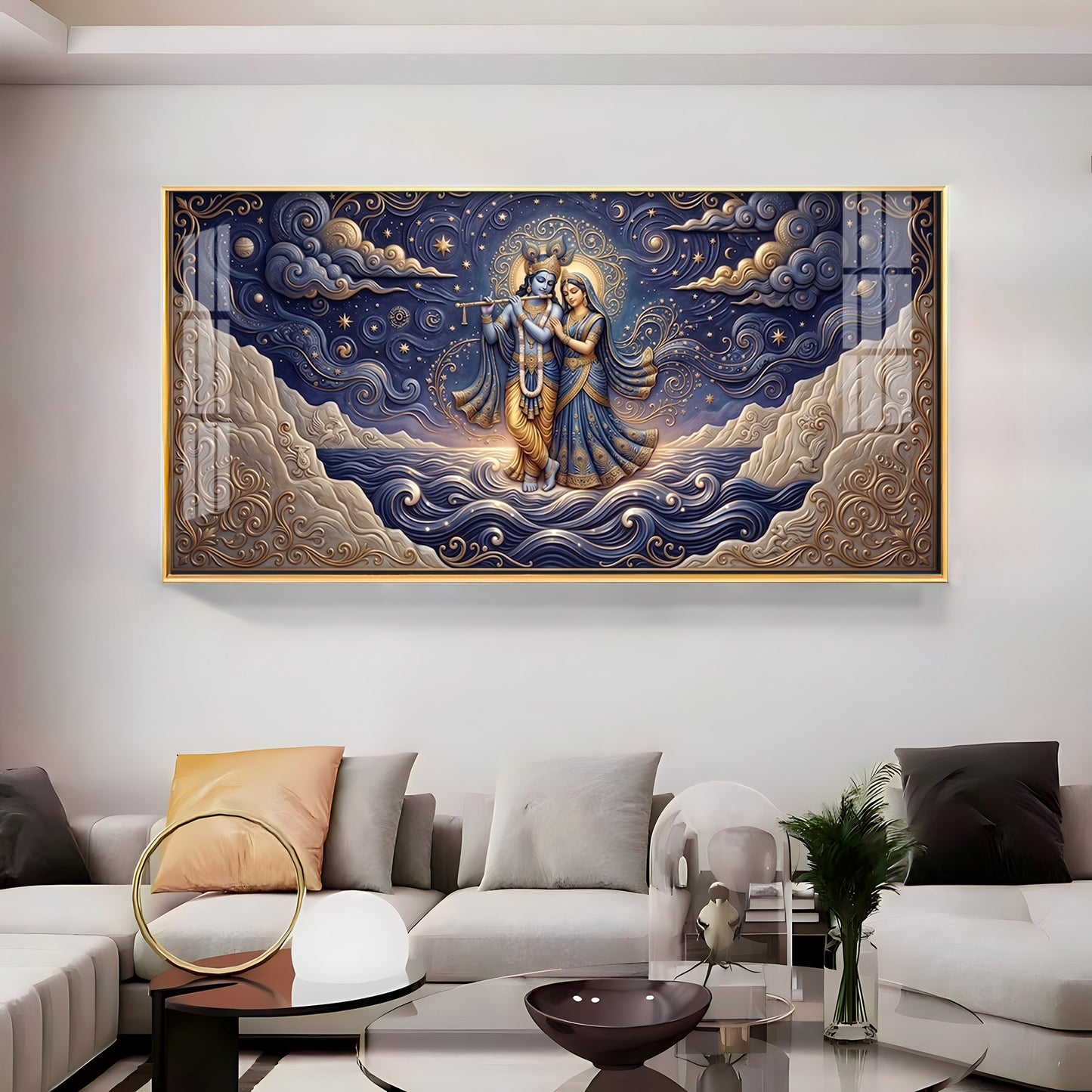 Radha Krishna Depicted In A Celestial Blue Premium Acrylic Horizontal Wall Art