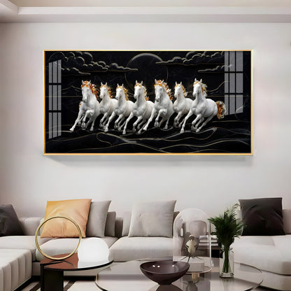 White Seven Horses in the Dark Premium Acrylic Horizontal Wall Art