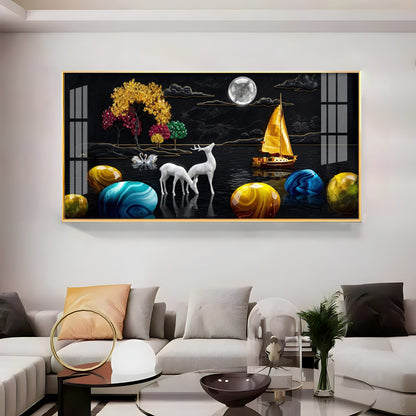 Rustic Serenity With Deer on the Lake Premium Acrylic Horizontal Wall Art