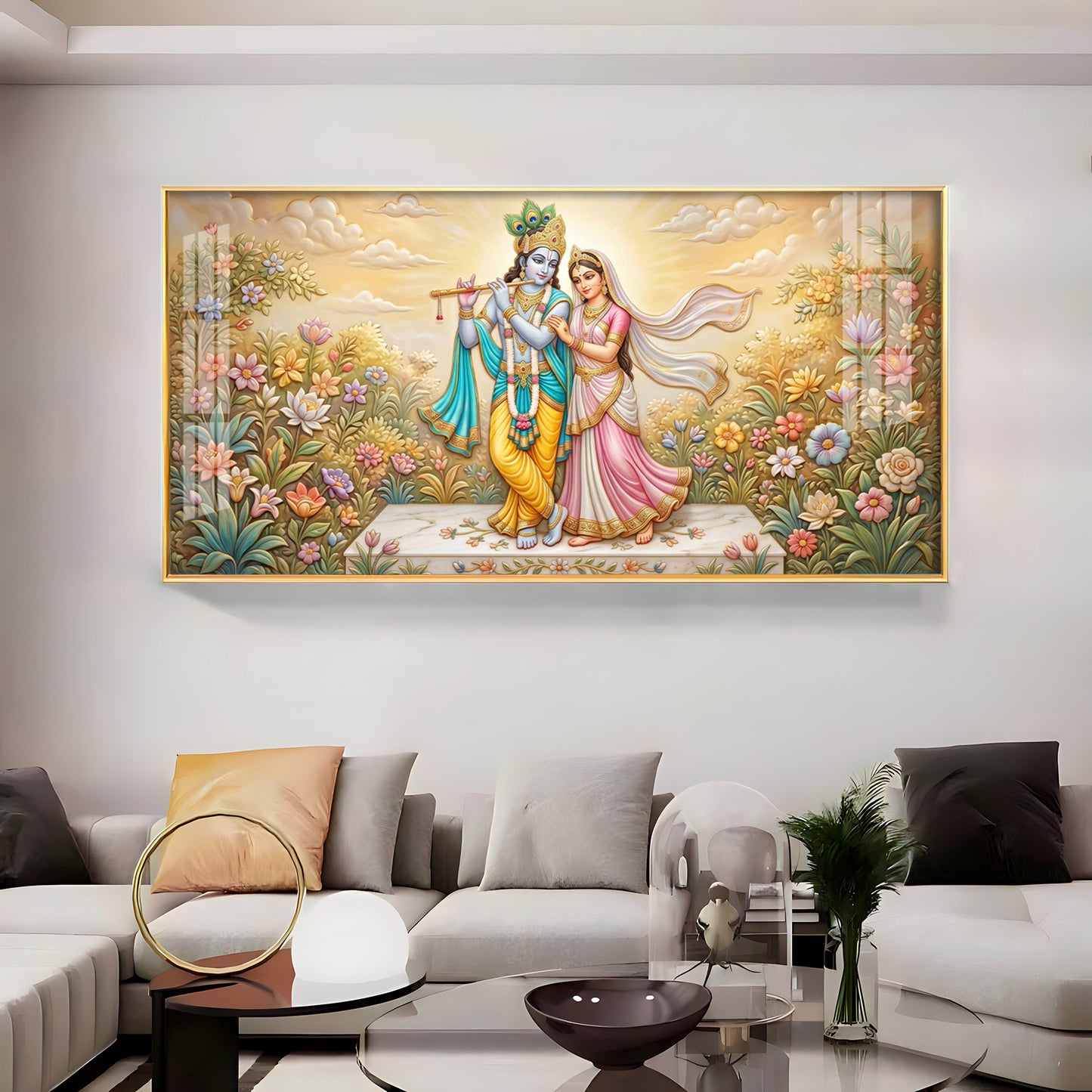 Radha Krishna Surrounded By Flowers Premium Acrylic Horizontal Wall Art