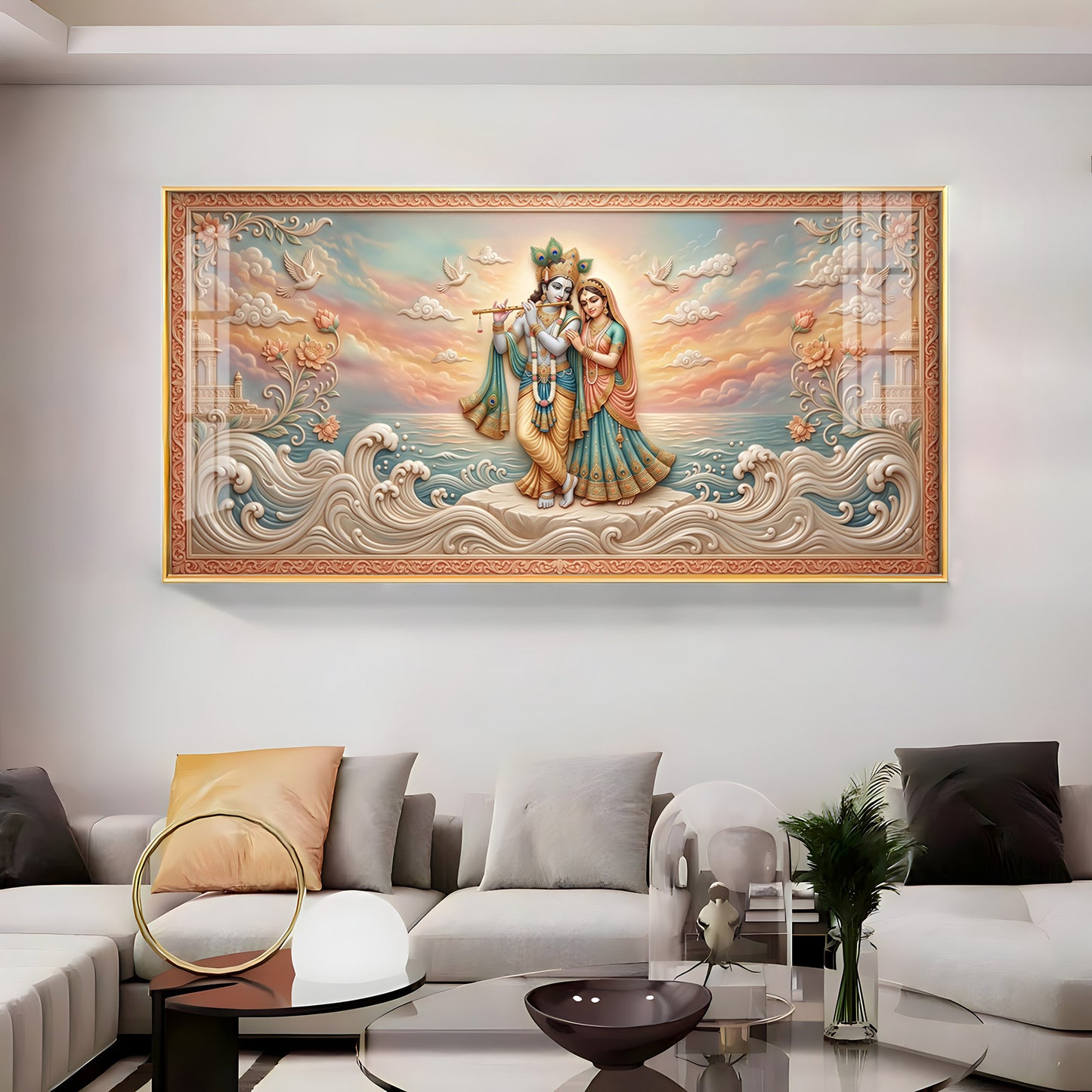 Radha Krishna With Gold Accents Premium Acrylic Horizontal Wall Art