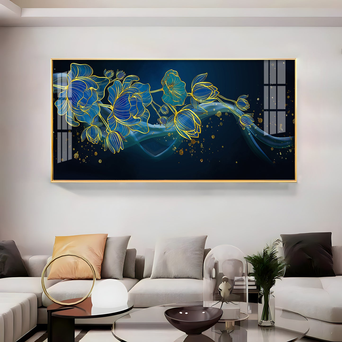 Lotus Flowers In Blue Tones Premium Acrylic Horizontal Wall Art