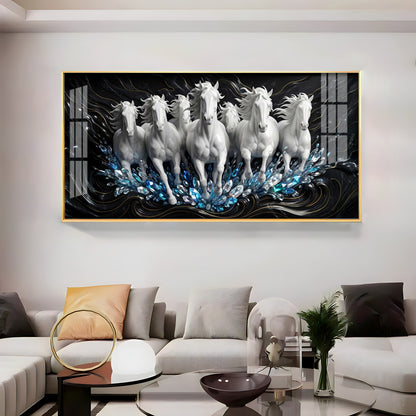 White Seven Running Horses Motivational Premium Acrylic Horizontal Wall Art