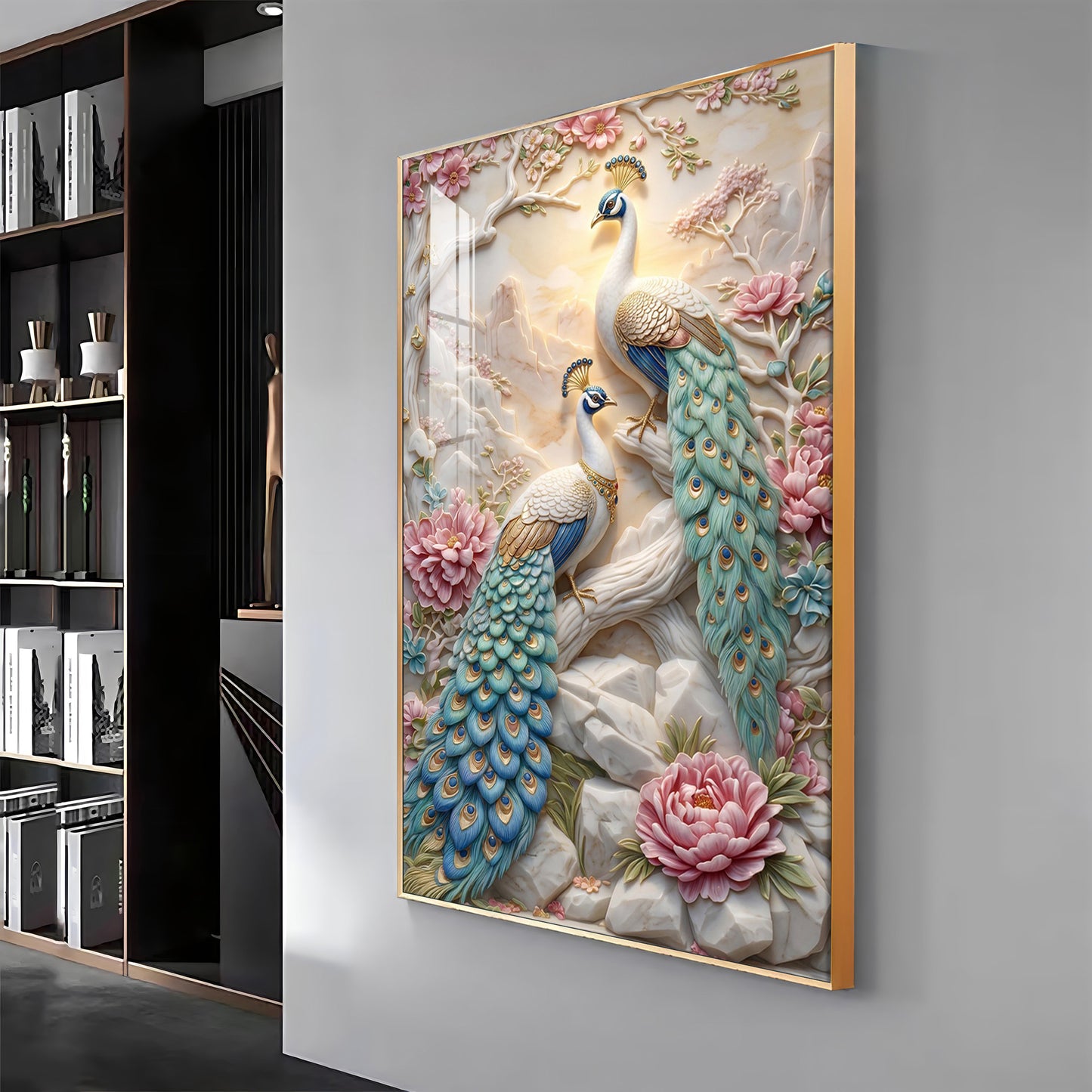 Stylist Peacock and Floral Design Premium Acrylic Vertical Wall Art